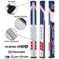 Three golf club grips display various features including a tech-port and traction control. Graphical elements highlight the technology and branding related to the Super Stroke grips.