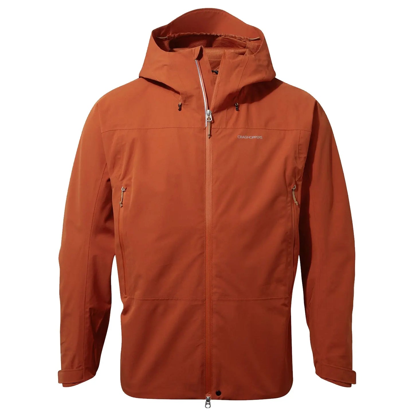 An orange waterproof jacket is displayed hanging freely with a zippered front and hood designed for outdoor activities showcasing two side pockets in a neutral background