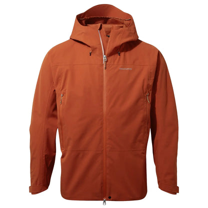 An orange waterproof jacket is displayed hanging freely with a zippered front and hood designed for outdoor activities showcasing two side pockets in a neutral background