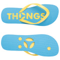 A pair of blue and yellow flip-flops is displayed with the word THONGS prominently marked on the top. The soles feature a textured design for grip and comfort.