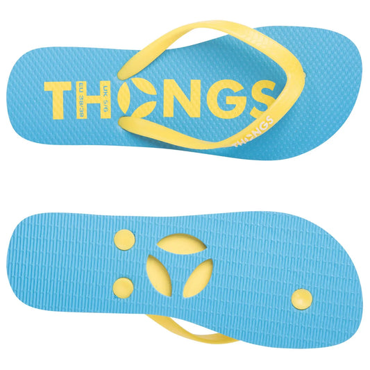 A pair of blue and yellow flip-flops is displayed with the word THONGS prominently marked on the top. The soles feature a textured design for grip and comfort.