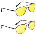 A pair of yellow-tinted sunglasses is displayed with one pair positioned above the other showcasing their oval lenses and black frames in a neutral background