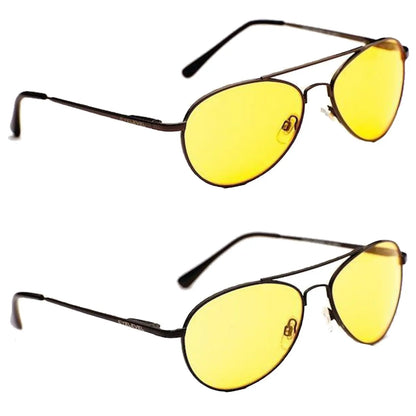 A pair of yellow-tinted sunglasses is displayed with one pair positioned above the other showcasing their oval lenses and black frames in a neutral background