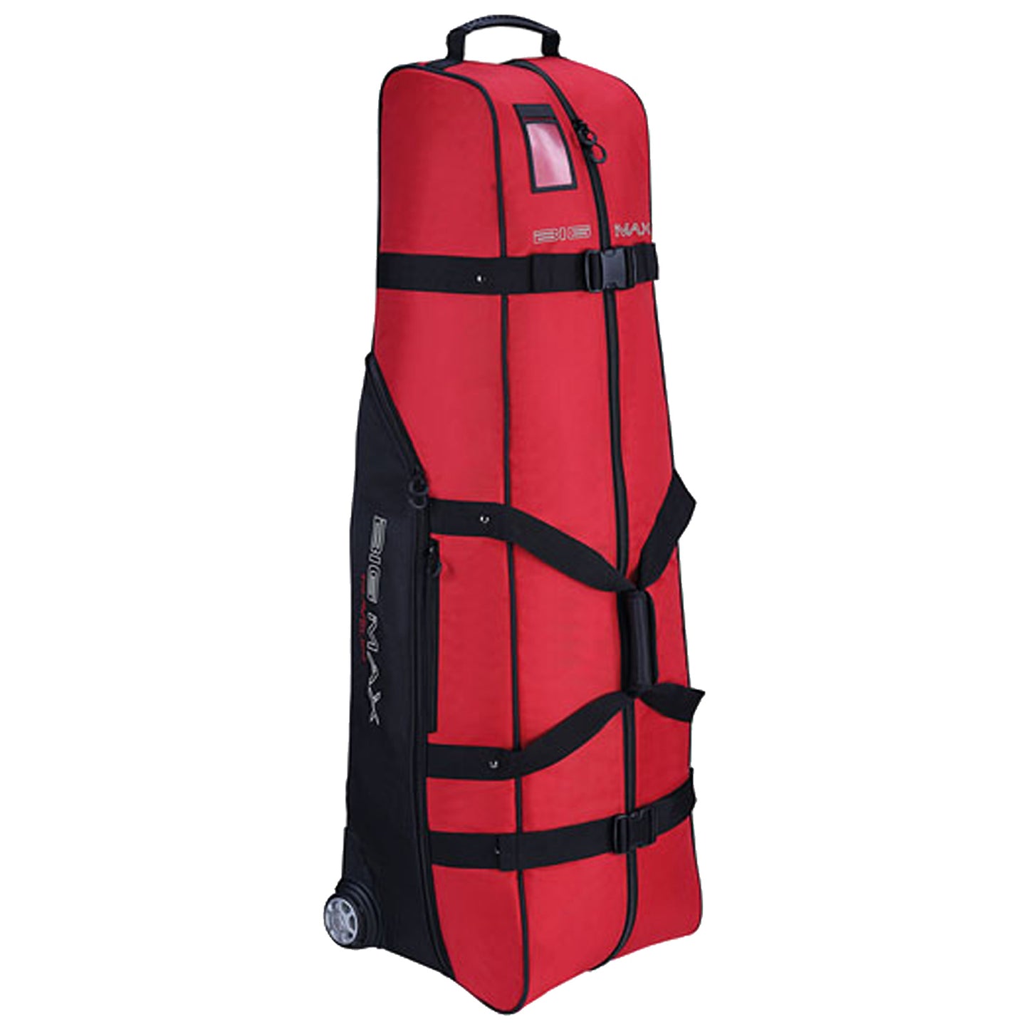 A tall red wheeled bag with black accents is standing upright. It has a handle on top and several straps securing its contents, designed for travel or storage of sporting equipment.