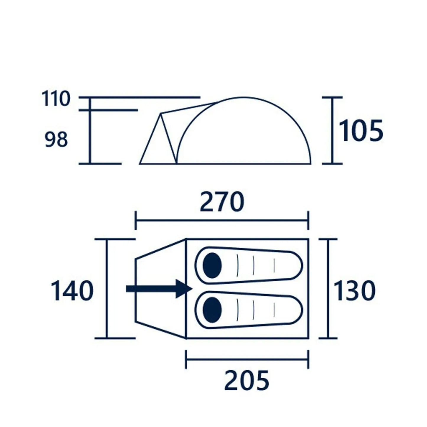 A technical drawing displays a tent with two views: a side profile and a top-down view. Dimensions are labeled in millimeters, showing height and length measurements.