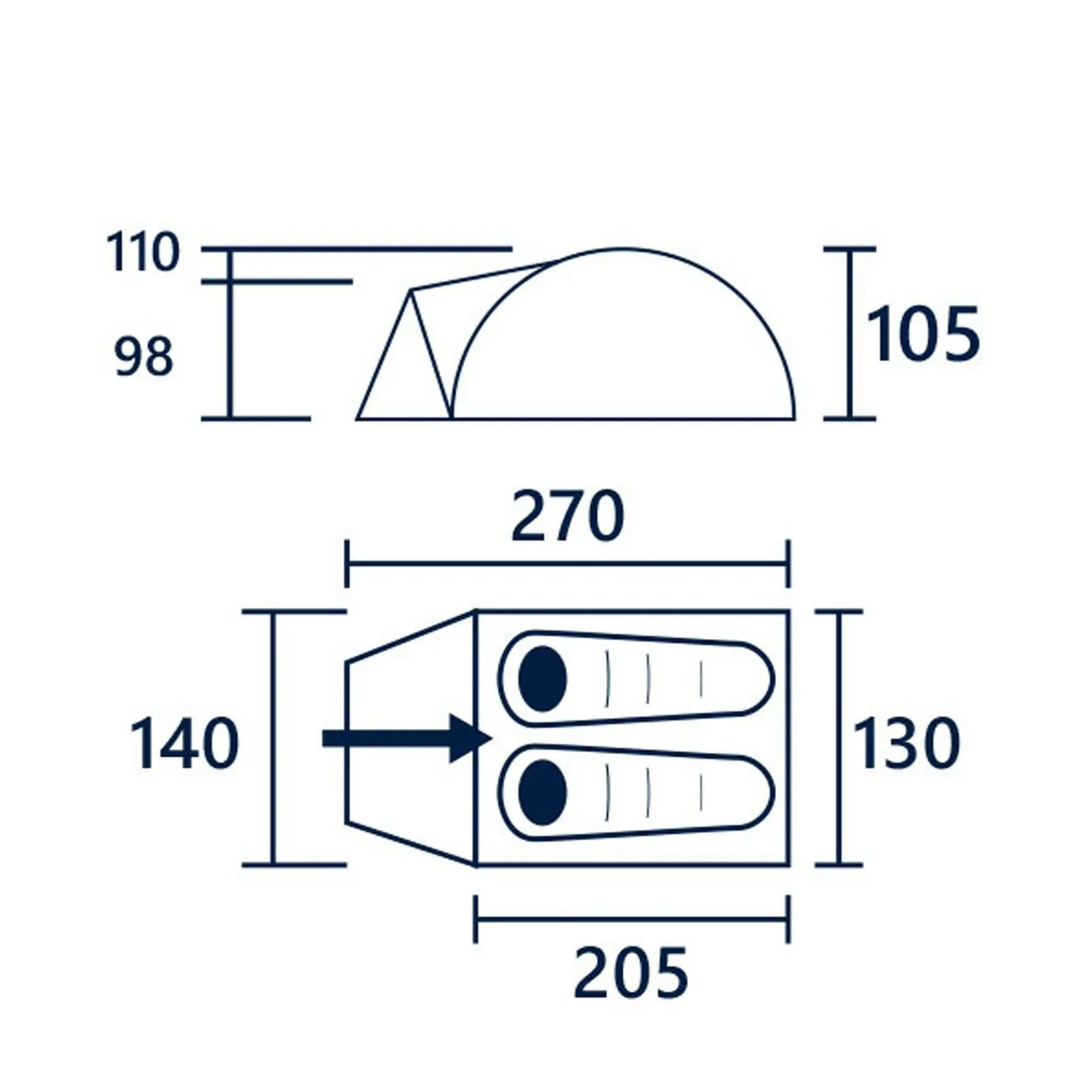 A technical drawing displays a tent with two views: a side profile and a top-down view. Dimensions are labeled in millimeters, showing height and length measurements.