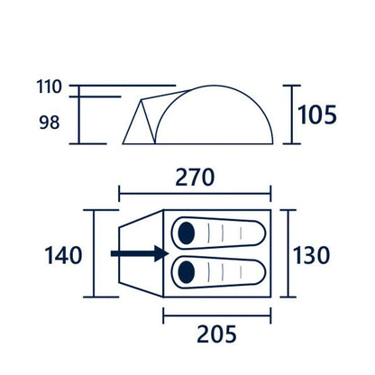 A technical drawing displays a tent with two views: a side profile and a top-down view. Dimensions are labeled in millimeters, showing height and length measurements.