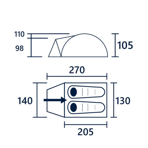 A technical drawing displays a tent with two views: a side profile and a top-down view. Dimensions are labeled in millimeters, showing height and length measurements.
