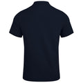 A dark navy polo shirt is displayed facing away showcasing short sleeves and a collar in a simple design with no visible logos or text in a neutral background.
