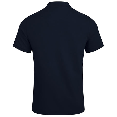 A dark navy polo shirt is displayed facing away showcasing short sleeves and a collar in a simple design with no visible logos or text in a neutral background.