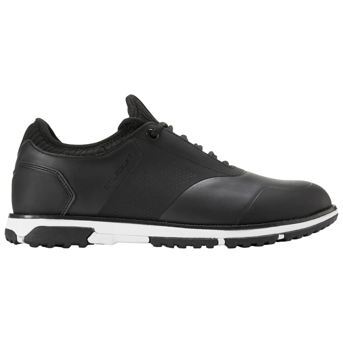 Black athletic shoe displayed from the side showcasing a smooth leather exterior with a textured panel and a white sole designed for traction and comfort.