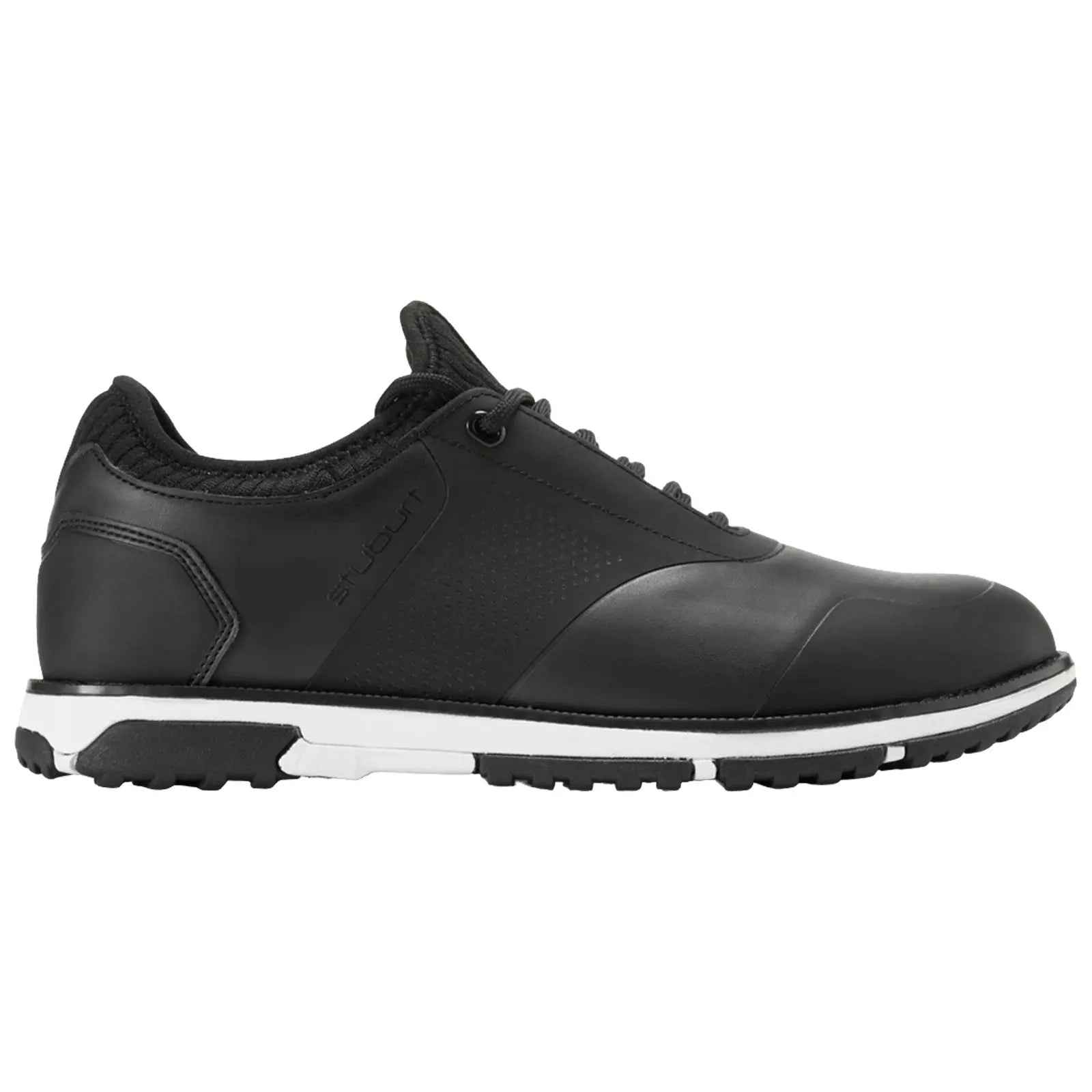 Black athletic shoe displayed from the side showcasing a smooth leather exterior with a textured panel and a white sole designed for traction and comfort.