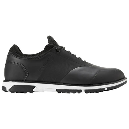 Black athletic shoe displayed from the side showcasing a smooth leather exterior with a textured panel and a white sole designed for traction and comfort.