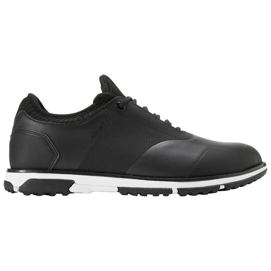 Black athletic shoe displayed from the side showcasing a smooth leather exterior with a textured panel and a white sole designed for traction and comfort.