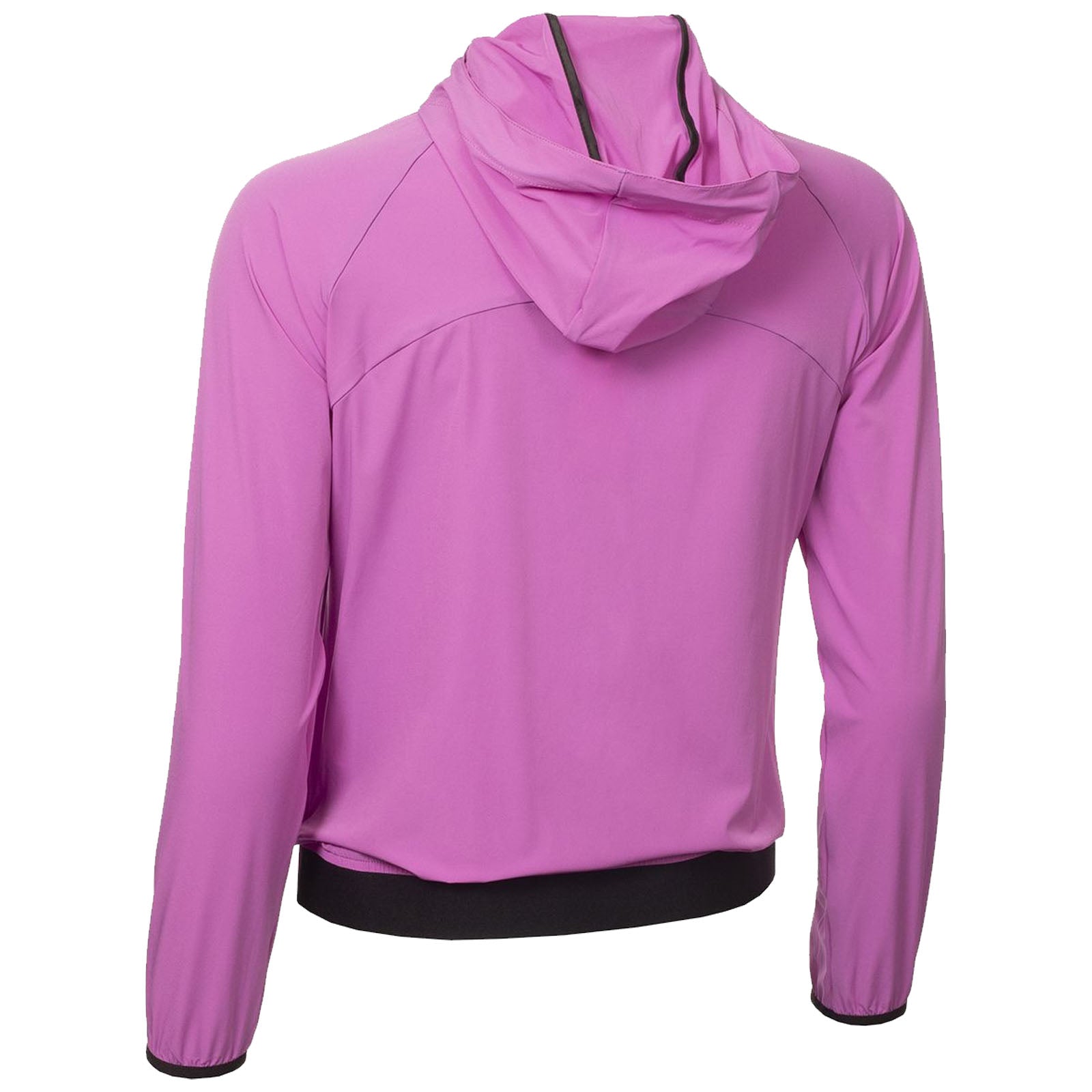 A pink hooded jacket is displayed facing away with its hood up showcasing long sleeves and a black waistband in a neutral background.