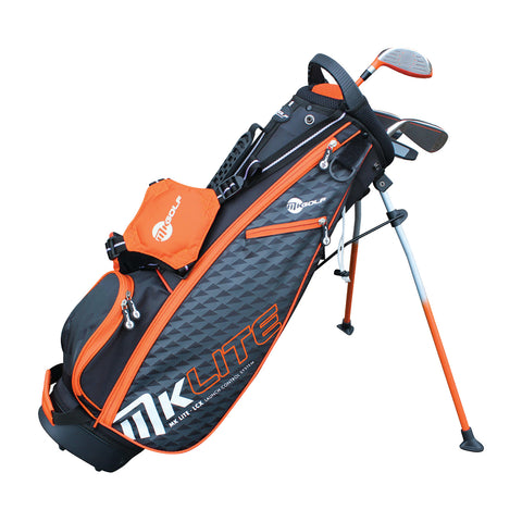 A black and orange golf bag stands upright featuring a shoulder strap and legs The bag holds golf clubs and has multiple zippered pockets for storage