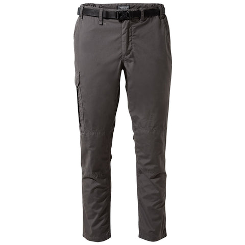 Gray cargo pants with a belt are displayed standing upright featuring multiple pockets for storage in a neutral setting focused on functionality and outdoor use.