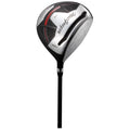 A golf driver is positioned upright showcasing a sleek metallic head with a black and silver pattern the brand name is visible on the head and it connects to a slender black shaft.
