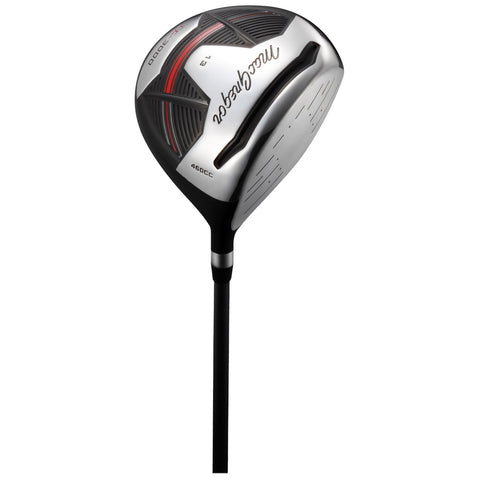A golf driver is positioned upright showcasing a sleek metallic head with a black and silver pattern the brand name is visible on the head and it connects to a slender black shaft.