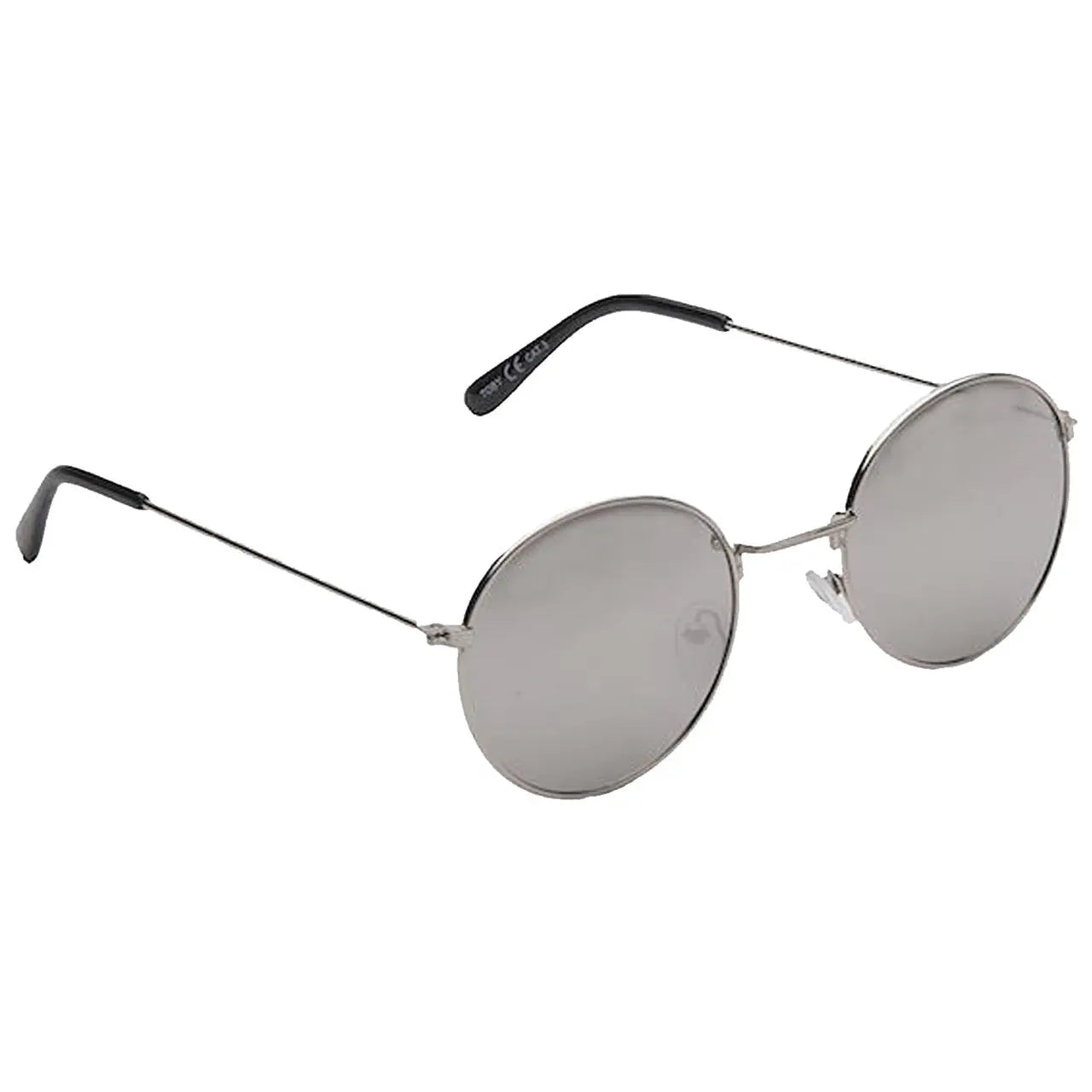 Round sunglasses with thin metallic frames are positioned on a flat surface reflecting a light source creating a cool aesthetic perfect for sunny outdoor environments.