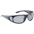 Sunglasses with a sleek black frame and gray lenses rest against a plain background showcasing their design and style suitable for outdoor wear and sun protection.