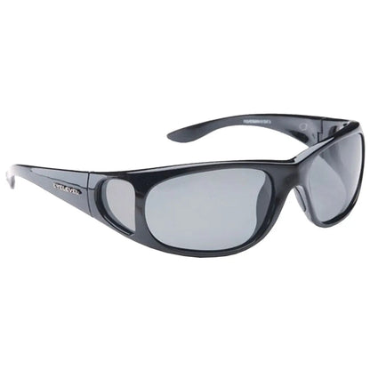 Sunglasses with a sleek black frame and gray lenses rest against a plain background showcasing their design and style suitable for outdoor wear and sun protection.