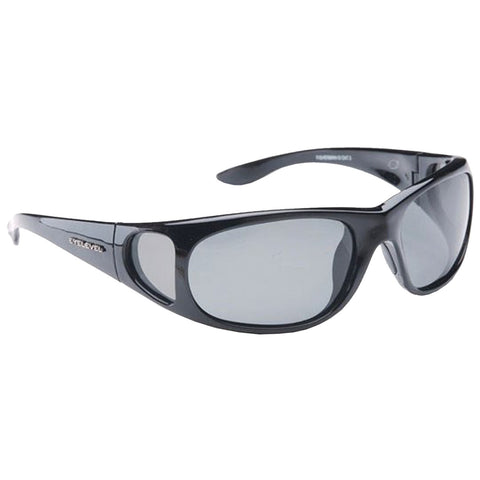 Sunglasses with a sleek black frame and gray lenses rest against a plain background showcasing their design and style suitable for outdoor wear and sun protection.
