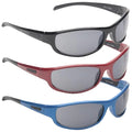 Three pairs of sunglasses are stacked vertically with the top pair black the middle pair red and the bottom pair light blue each featuring gray lenses and sleek plastic frames