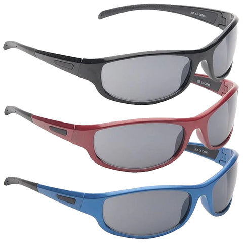 Three pairs of sunglasses are stacked vertically with the top pair black the middle pair red and the bottom pair light blue each featuring gray lenses and sleek plastic frames