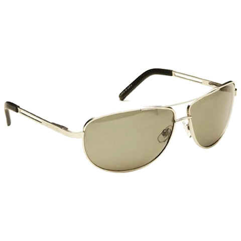 A pair of stylish metallic sunglasses rests on a flat surface with tinted lenses and black tips on the arms reflecting a modern design suitable for outdoor activities.