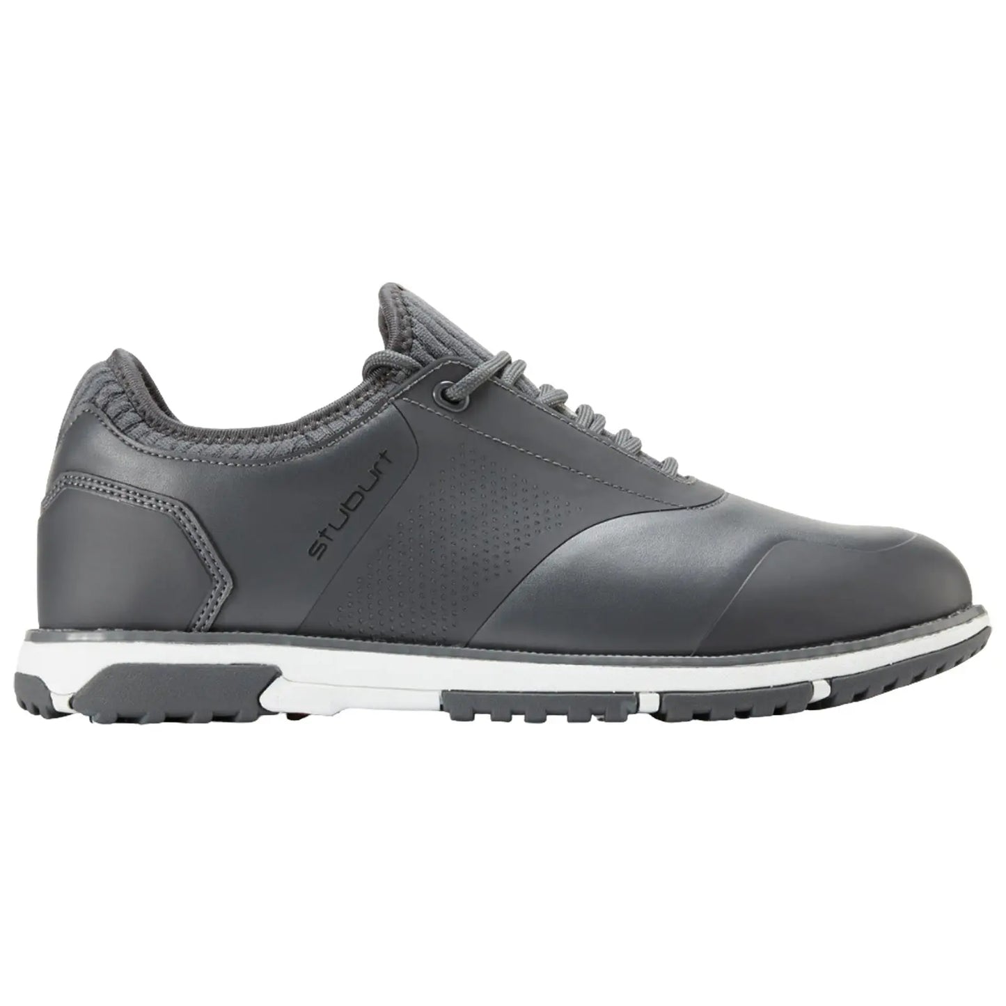 A grey shoe designed for walking features a sleek finish and textured accents with a white midsole and black rubber outsole situated on a plain white background.