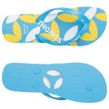 A pair of blue flip-flops with a patterned footbed featuring yellow and white shapes rests flat. The soles are textured with a grip pattern, suitable for casual outdoor use.
