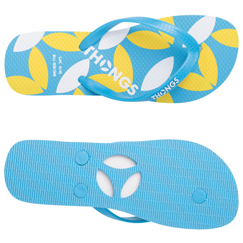 A pair of blue flip-flops with a patterned footbed featuring yellow and white shapes rests flat. The soles are textured with a grip pattern, suitable for casual outdoor use.