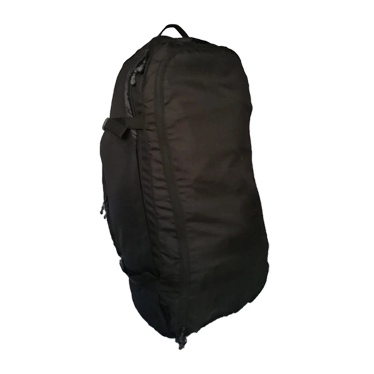 A black backpack stands upright showcasing its zipper and side strap in a neutral setting without any additional items or distractions around it.