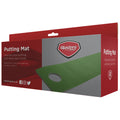 A putting mat is displayed in packaging featuring instructions to improve putting skills and details including a raised hole for realistic play and dimensions of 198 cm by 30.5 cm.