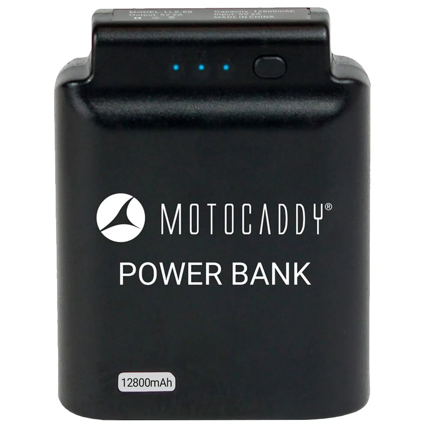 A black power bank labeled Motocaddy with three blue LED indicator lights and a button is shown against a neutral background emphasizing its portable design and capacity of 12800mAh.