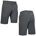 Gray shorts are displayed from the front and back showcasing a fitted style with a button closure and pockets in a casual context suitable for warm weather activities.