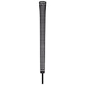 A black golf club grip stands upright showcasing its textured surface for improved hold and control situated against a plain white background emphasizing its design and branding
