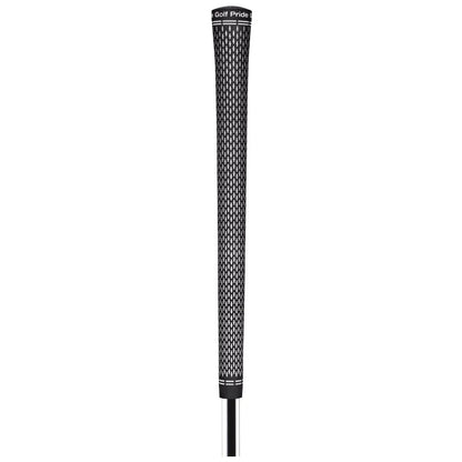 A black golf club grip stands upright showcasing its textured surface for improved hold and control situated against a plain white background emphasizing its design and branding