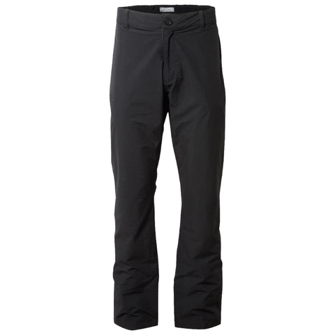 Black ski pants are displayed standing upright highlighting their design features including a button closure and a simple fabric texture these pants are suitable for cold weather activities.