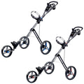 Motocaddy Z1 Golf Trolley A golf push cart stands upright displaying a sleek black frame with three wheels two of which are blue and red designed for transporting golf bags across the course.