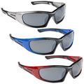 Three pairs of sunglasses in silver black blue and red are displayed stacked in a row showing a sleek design with dark lenses suitable for outdoor activities or fashion use.