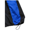 A black garment features a blue stripe along one side and has a gathered bottom with a pull string, suggesting it is a jacket or windbreaker.