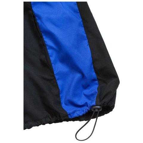 A black garment features a blue stripe along one side and has a gathered bottom with a pull string, suggesting it is a jacket or windbreaker.