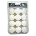 A pack of twelve white table tennis balls is displayed in a transparent plastic container with a label indicating the quantity and size of the balls.