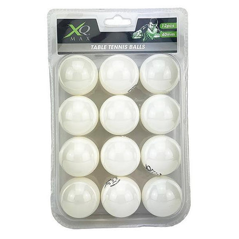 A pack of twelve white table tennis balls is displayed in a transparent plastic container with a label indicating the quantity and size of the balls.