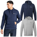 A man wearing a navy blue hoodie stands next to two additional hoodies in navy and gray hanging slightly above him, showcasing a casual clothing style.