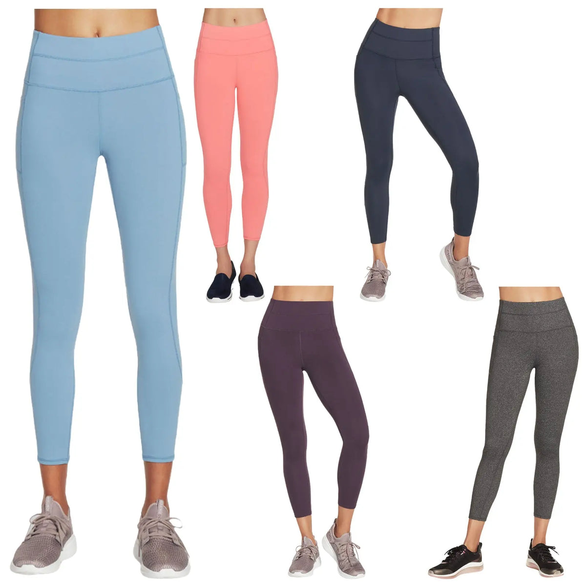 Leggings in various colors including blue pink dark gray and purple are displayed on mannequins with athletic shoes showing a range of styles suitable for activewear in a neutral background.
