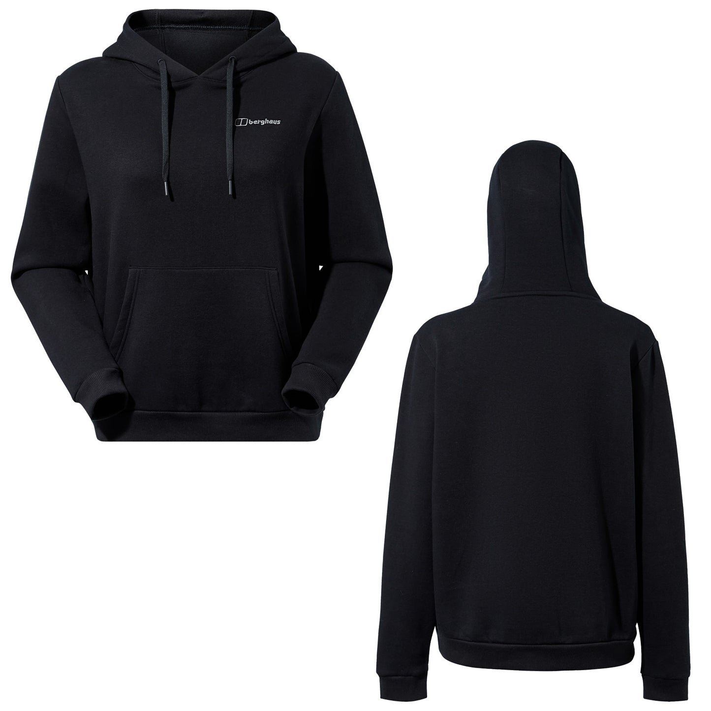 A black hoodie with a front pocket and drawstrings is displayed in two views front and back showcasing a simple design and comfortable fit suitable for casual wear.