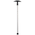 A metal pole with a dome-shaped top stands upright featuring multiple height adjustment holes along its length and a rubberized foot for stability in outdoor settings.